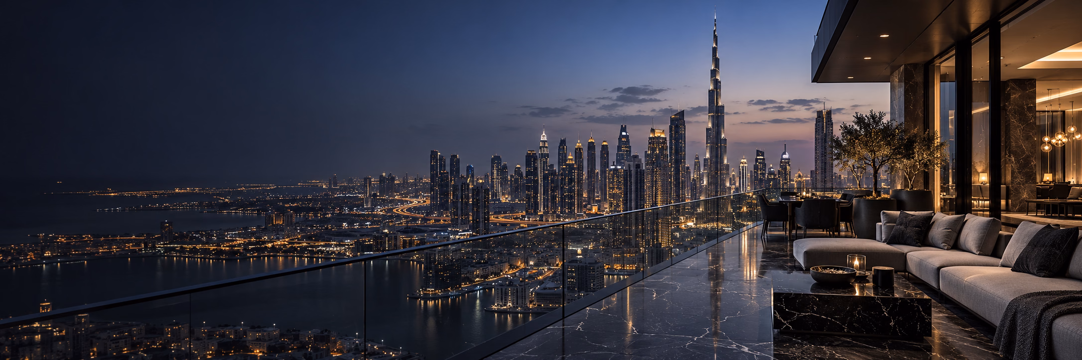 Dubai property offers — illustrative skyline and terrace